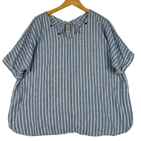 Catherines Women Top Blouse Sz‎ 1X  Blue White Striped Linen Blend Dolman Sleeve - Picture 11 of 11
